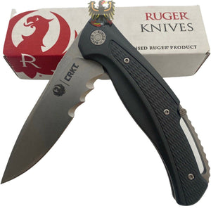 RUGER BY CRKT WINDAGE LINERLOCK FOLDING KNIFE WITH GRAY TEXTURED ALUMINUM HANDLE