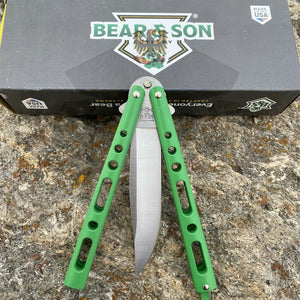 BEAR & SON 5.13" CLOSED. 3.63" SATIN FINISH GREEN 440 STAINLESS CLIP POINT BLADE