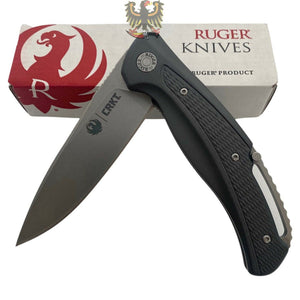 RUGER BY CRKT  LINERLOCK FOLDING SHARP KNIFE WITH GRAY TEXTURED ALUMINUM HANDLE