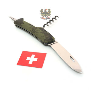 SWIZA  BUTTON LOCK KNIFE WITH GREEN CAMO RUBBERIZED HANDLE