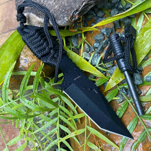 Load image into Gallery viewer, FIXED STAINLESS TANTO BLADE KNIFE WITH BLACK CORD WRAPPED HANDLE FIRE STARTER