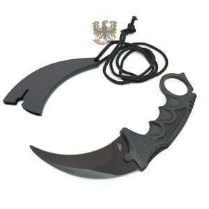 FIXED BLADE KARAMBIT KNIFE W/ BLACK FINGER GROOVED ABS HANDLE GLASS BREAKER