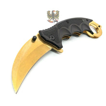 Load image into Gallery viewer, GOLD LINERLOCK FOLDING KNIFE 3&quot; STAINLESS BLADE KARAMBIT FINGER RING THUMB STUD