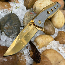 Load image into Gallery viewer, FRAMELOCK GOLD TINI COATED ASSISTED OPENING KNIFE WITH GOLD AND SILVER HANDLE