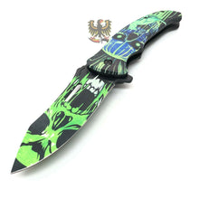 Load image into Gallery viewer, FOLDING KNIFE STAINLESS STEEL BLADE BLACK GREEN CAT SKULL PRINTED ARTWORK