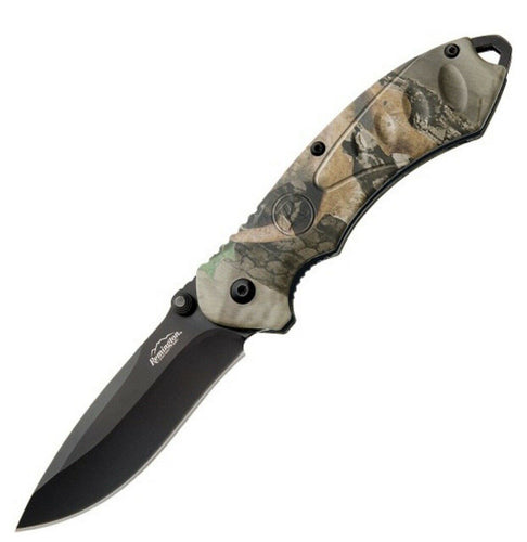 REMINGTONN SPORTSMAN  ASSISTED FOLDER  BLACK BLADE, MOSSY OAK ALUMINUM HANDLE