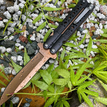 Load image into Gallery viewer, LINERLOCK ASSISTED OPENING ROSE GOLD POCKET KNIFE BLACK HANDLE