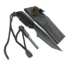 Load image into Gallery viewer, FIXED STAINLESS TANTO BLADE KNIFE WITH BLACK CORD WRAPPED HANDLE FIRE STARTER