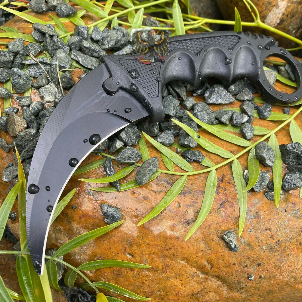 FIXED BLADE KARAMBIT KNIFE W/ BLACK FINGER GROOVED ABS HANDLE GLASS BREAKER