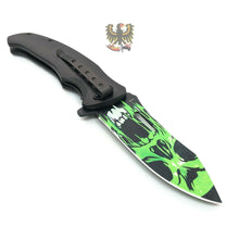 Load image into Gallery viewer, FOLDING KNIFE STAINLESS STEEL BLADE BLACK GREEN CAT SKULL PRINTED ARTWORK
