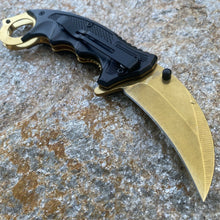 Load image into Gallery viewer, GOLD LINERLOCK FOLDING KNIFE 3&quot; STAINLESS BLADE KARAMBIT FINGER RING THUMB STUD
