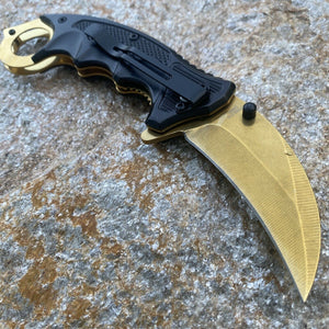 GOLD LINERLOCK FOLDING KNIFE 3" STAINLESS BLADE KARAMBIT FINGER RING THUMB STUD