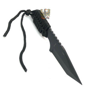 FIXED STAINLESS TANTO BLADE KNIFE WITH BLACK CORD WRAPPED HANDLE FIRE STARTER