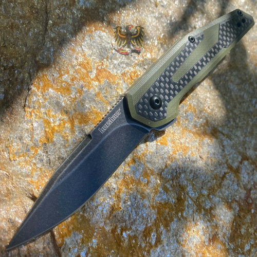 KERSHAW  JENS ANSO FRAXION FLIPPER KNIFE  CLIP POINT BLADE, OLIVE G10 HANDLES