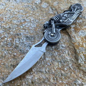 FOLDING POCKET KNIFE SKULL RIDER LED LINERLOCK WITH LED LIGHT MOTORCYCLE HARLEY