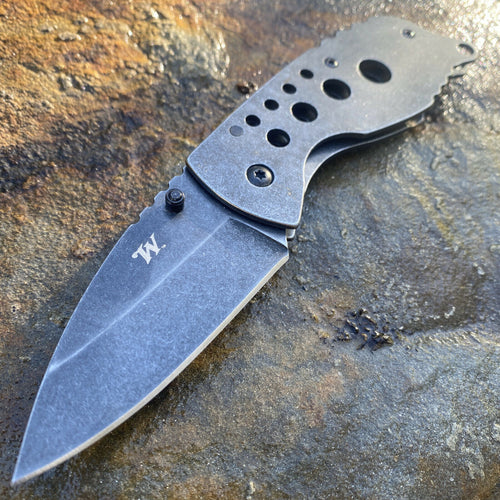 WINCHESTER DROP POINT BLADE KNIFE WITH BLACK STONEWASH FINISH STAINLESS HANDLE