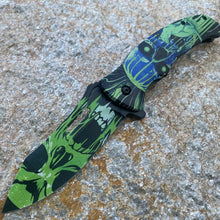Load image into Gallery viewer, FOLDING KNIFE STAINLESS STEEL BLADE BLACK GREEN CAT SKULL PRINTED ARTWORK