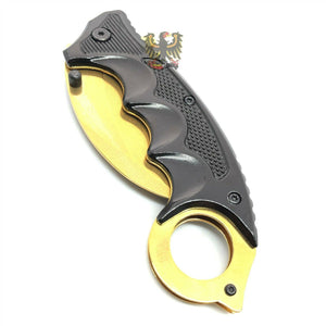 GOLD LINERLOCK FOLDING KNIFE 3" STAINLESS BLADE KARAMBIT FINGER RING THUMB STUD