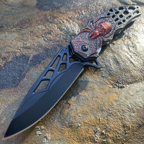 POCKET KNIFE ASSISTED OPENING BLACK FINISH STAINLESS BLADE KNIFE RED WEB SKULL