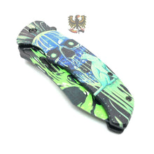Load image into Gallery viewer, FOLDING KNIFE STAINLESS STEEL BLADE BLACK GREEN CAT SKULL PRINTED ARTWORK