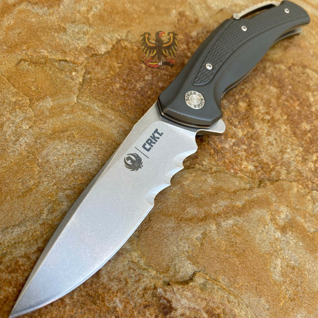 RUGER BY CRKT WINDAGE LINERLOCK FOLDING KNIFE WITH GRAY TEXTURED ALUMINUM HANDLE