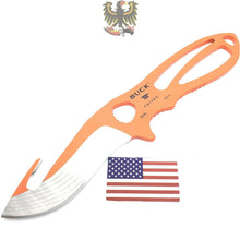 Load image into Gallery viewer, BUCK LARGE PAKLITE SKINNER GUTHOOK KNIFE ORANGE FIX BLADE WITH SHEATH