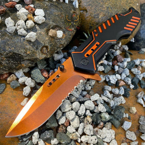 ORANGE LINERLOCK ASSISTED OPENING KNIFE WITH BLACK AND ORANGE ALUMINUM HANDLE