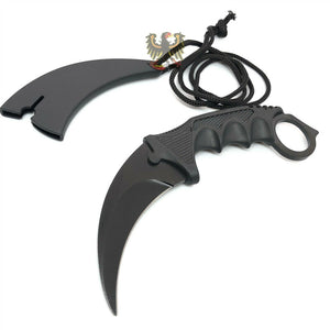 FIXED BLADE KARAMBIT KNIFE W/ BLACK FINGER GROOVED ABS HANDLE GLASS BREAKER