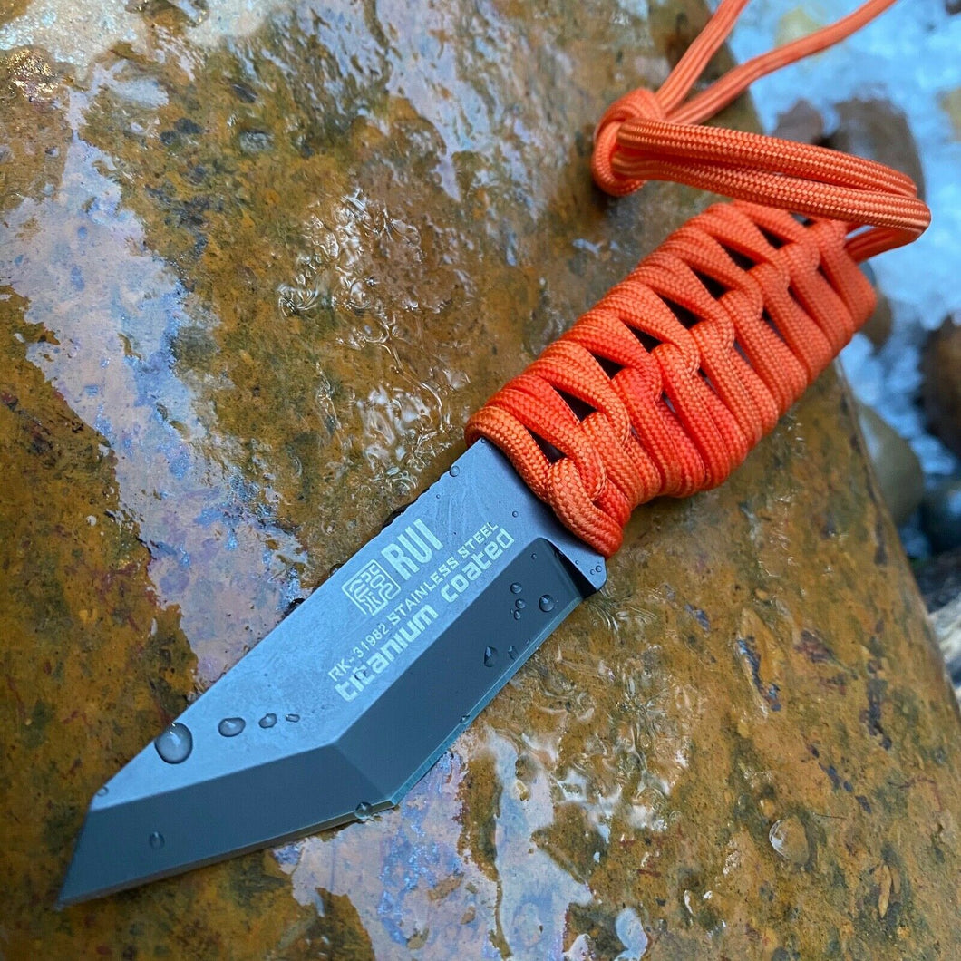 RUI TACTICAL TACTICAL FIXED BLADE HUNTING KNIFE WITH ORANGE CORD WRAPPED