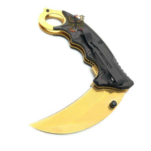 Load image into Gallery viewer, GOLD LINERLOCK FOLDING KNIFE 3&quot; STAINLESS BLADE KARAMBIT FINGER RING THUMB STUD