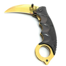 Load image into Gallery viewer, GOLD LINERLOCK FOLDING KNIFE 3&quot; STAINLESS BLADE KARAMBIT FINGER RING THUMB STUD