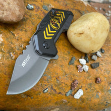 Load image into Gallery viewer, LINERLOCK ASSISTED OPENING COOL KNIFE WITH BLACK AND YELLOW ALUMINUM HANDLE MTEC