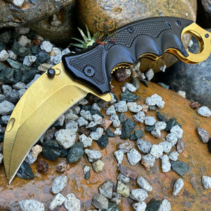 GOLD LINERLOCK FOLDING KNIFE 3" STAINLESS BLADE KARAMBIT FINGER RING THUMB STUD