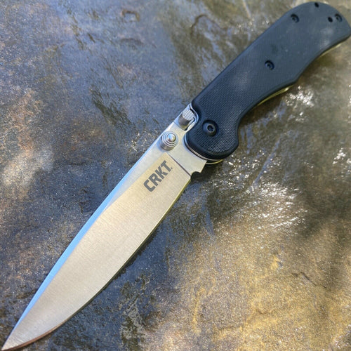 CRKT PAT CRAWFORD OFFBEAT II FOLDING KNIFE  SATIN PLAIN BLADE, BLACK GRN HANDLES