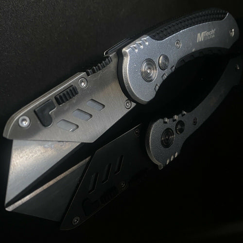 MTECK HEAVY DUTY BUTTON LOCK SILVER UTILITY KNIFE WITH ALUMINUM HANDLE