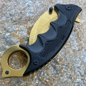 GOLD LINERLOCK FOLDING KNIFE 3" STAINLESS BLADE KARAMBIT FINGER RING THUMB STUD
