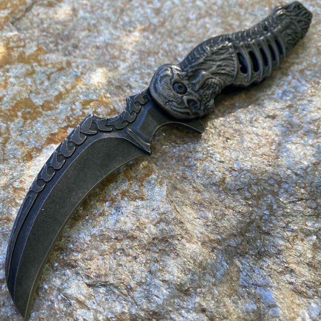 FOLDING POCKET KNIFE SKULL TALON ASSISTED OPENING LINERLOCK BLACK STONEWASH