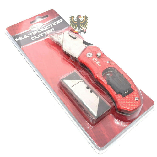 MULTIFUNCTION BOX CUTTER WITH SCREWDRIVER RED ALUMINUM HANDLE REPLACEABLE BLADE