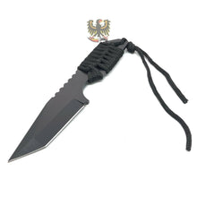 Load image into Gallery viewer, FIXED STAINLESS TANTO BLADE KNIFE WITH BLACK CORD WRAPPED HANDLE FIRE STARTER