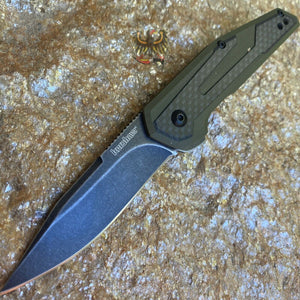 KERSHAW  JENS ANSO FRAXION FLIPPER KNIFE  CLIP POINT BLADE, OLIVE G10 HANDLES