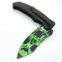 Load image into Gallery viewer, FOLDING KNIFE STAINLESS STEEL BLADE BLACK GREEN CAT SKULL PRINTED ARTWORK
