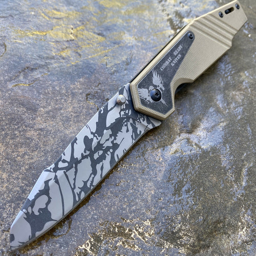 COMBAT READY ASSISTED OPENING LINERLOCK FOLDING POCKET KNIFE WITH TAN G10 HANDLE