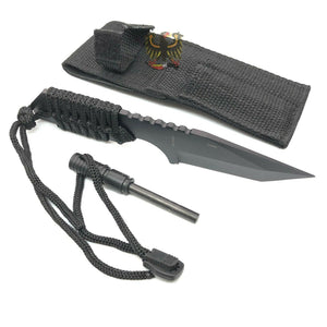 FIXED STAINLESS TANTO BLADE KNIFE WITH BLACK CORD WRAPPED HANDLE FIRE STARTER