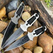 Load image into Gallery viewer, FROST CUTLERY THROWING SET FIXED BLADE KNIFE BLACK CORD WRAPPED HANDLE SET OF 3