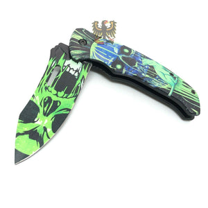 FOLDING KNIFE STAINLESS STEEL BLADE BLACK GREEN CAT SKULL PRINTED ARTWORK