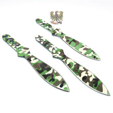 Load image into Gallery viewer, THROWING KNIFE SET (3) CAMO WITH BLACK NYLON BELT DOUBLE EDGE