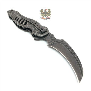 FOLDING POCKET KNIFE SKULL TALON ASSISTED OPENING LINERLOCK BLACK STONEWASH
