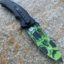 Load image into Gallery viewer, FOLDING KNIFE STAINLESS STEEL BLADE BLACK GREEN CAT SKULL PRINTED ARTWORK