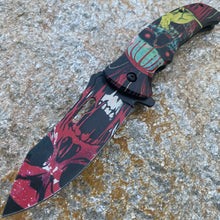 Load image into Gallery viewer, FOLDING KNIFE STAINLESS STEEL BLADE BLACK RED CAT SKULL PRINTED ARTWORK